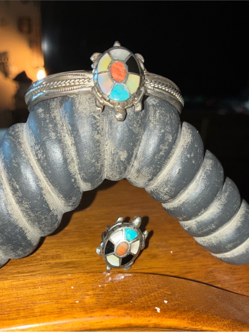 Native American Turtle Inlay Sterling Bracelet and Ring Set